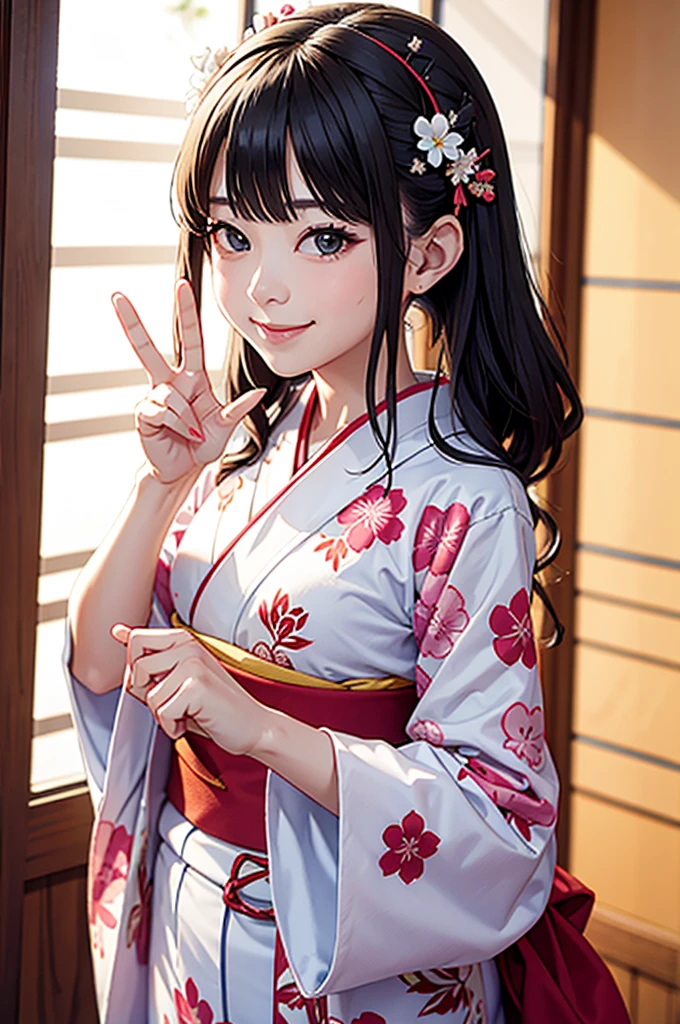 Bust-up of a smiling woman in a kimono making a peace sign