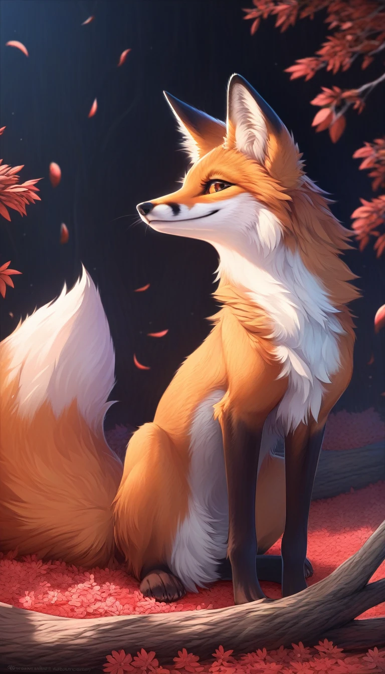 Extreme detail, detailed fluffy fur, full body, Detailed eyes, (Shaded), (Detailed lighting), (Cinematic lighting), (Masterpiece, hi res, high resolution, High details, Best quality, high sharpness:1.3), high definition, BREAK, woven, beautiful, cute, fox ears, (long and fluffy fox tail), (digitigrade, fox paws on feet), (elongated fox snout), orange fur, feral fox, feral, animal, kitsune, red fox, sitting, side view, smiling cutely, looking at viewer, japanese letters arranger vertically, tree branch, red flowers on the ground