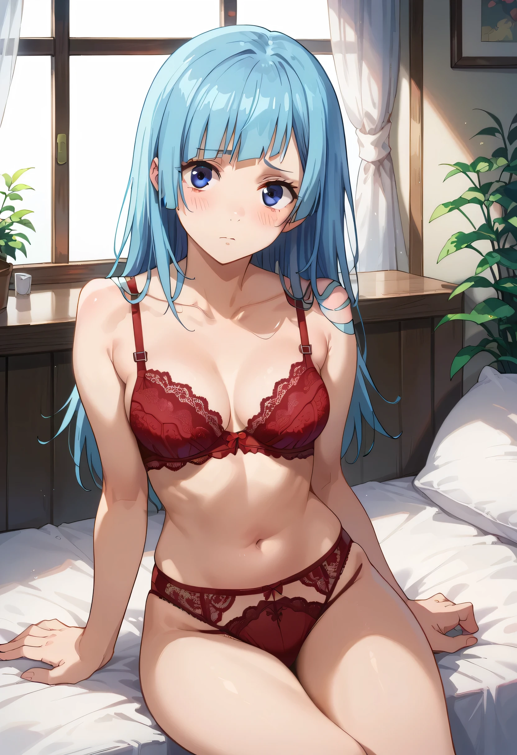 score_9,score_8_up,score_7_up, kasumi miwa, blue hair, medium breasts, 20-year-old, red lace bra, red lace lingerie, red lace panties, sitting, looking at viewer, blush.