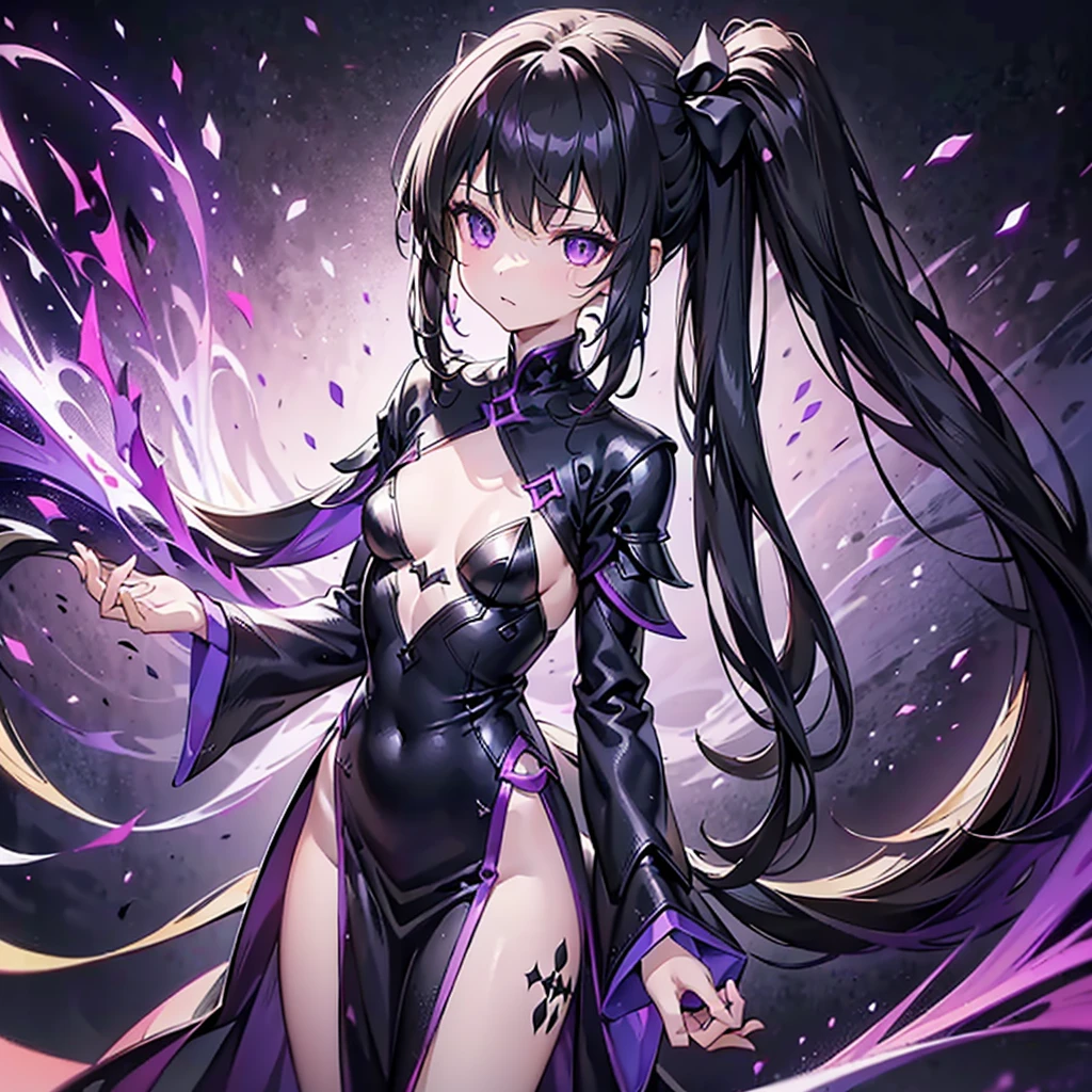 Holding a black-purple bow 1.9((Alone))(long side ponytail 1.8)((small breasts1.*****ung Body 1.2、Long black hair 1.5、Purple Eyes 1.5、1 dressed in worn out black wizard clothing.8、 big winged angel wizard girl with a black-purple flame bow Metatron 1.3、