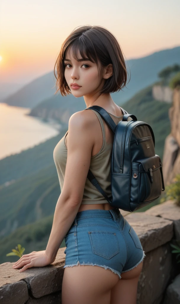 score_9, score_8_up, score_7_up, score_6_up, photo, realism, photorealistic, back view, close-up, wide angle, fitness model, brunette, bob haircut, slim, fit, round ass, wide hips, khaki tank top, short denim shorts, backpack, looking back, back to viewer, focus on ass, standing on edge of cliff, beautiful landscape, sunset, depth of field