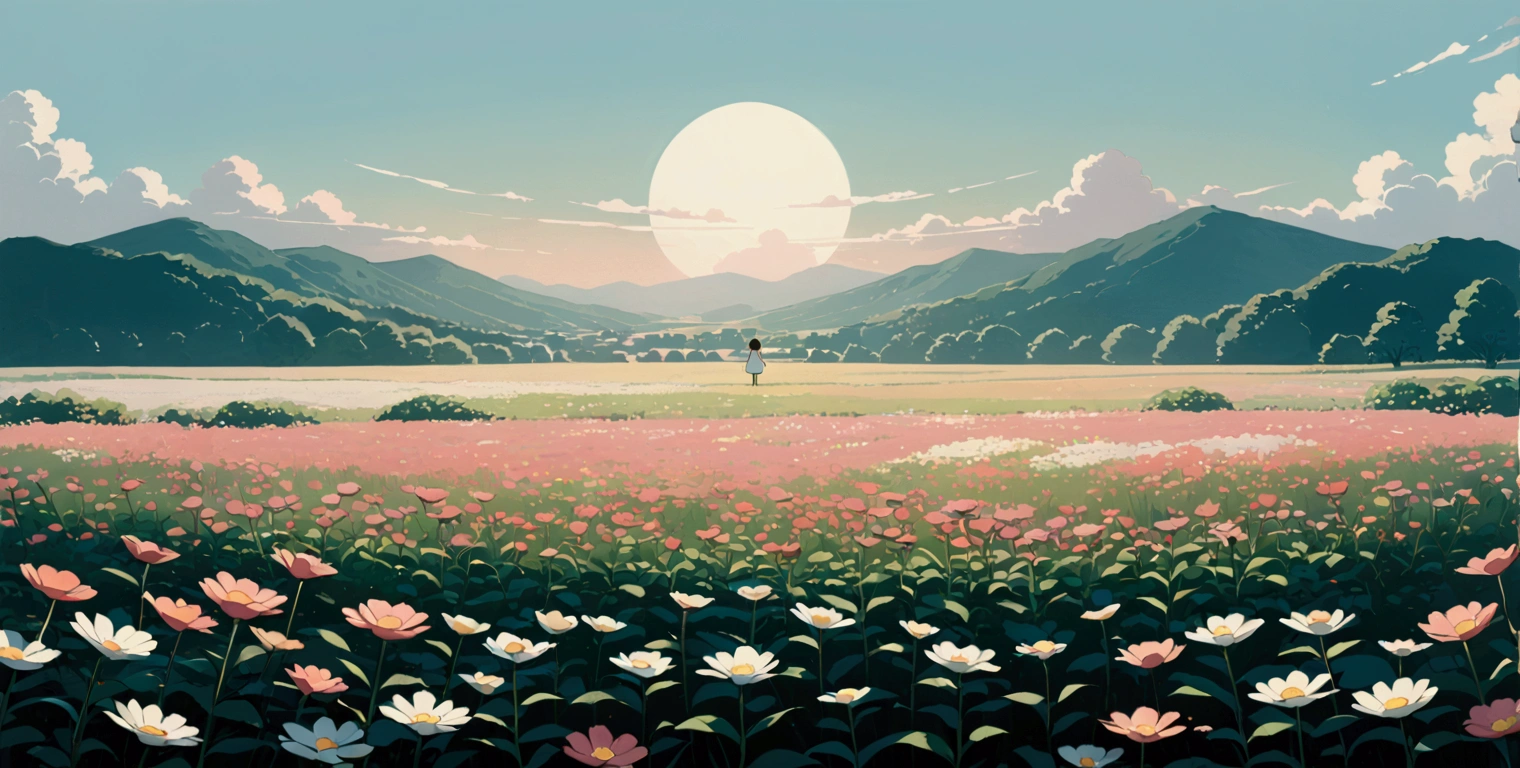 (minimalism:1.4), Lofi anime style, Studio Ghibli art, Miyazaki ,pastel , cute ,minimalist , SPIRITED AWAY From Hayao Miyazak ,No one is there , No people , Landscape , Flower field