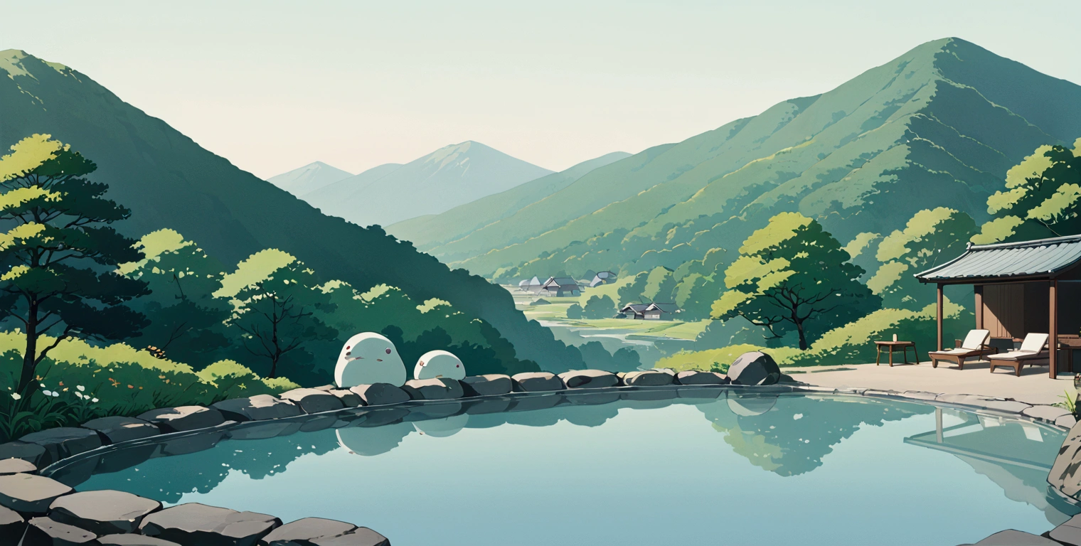 (minimalism:1.4), Lofi anime style, Studio Ghibli art, Miyazaki ,pastel , cute ,minimalist , SPIRITED AWAY From Hayao Miyazak ,No one is there , No people , Landscape , Onsen