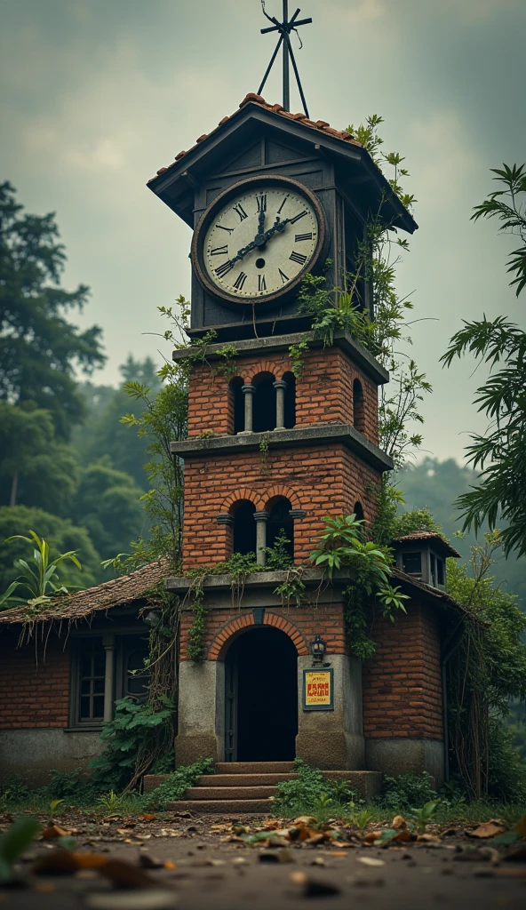 (La  best quality , Kampala, Looks super detailed,), a house with a huge, dilapidated, abandoned clock，Covered with vegetation，the light is so dim （ （（  a masterpiece full of horror elements  ）））， （（ best quality ））， （（ complicated details））（8k）