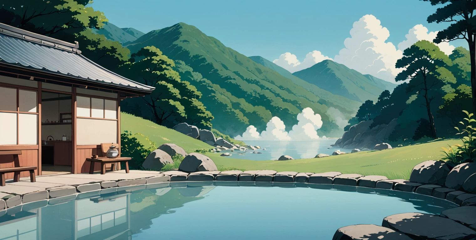 (minimalism:1.4), Lofi anime style, Studio Ghibli art, Miyazaki ,pastel , cute ,minimalist , SPIRITED AWAY From Hayao Miyazak ,No one is there , No people , Landscape , Onsen