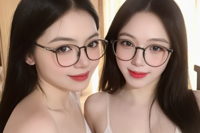 (Realistic、masterpiece、best quality、8K、high resolution、high resolution:1.3)、there are two glasses women with glasses on posing for a picture,、smile, red lips, Gigantic breasts、white bikini、pale white skin、looking at viewers、supene face and eyes、long hair、indoor、 upper body、