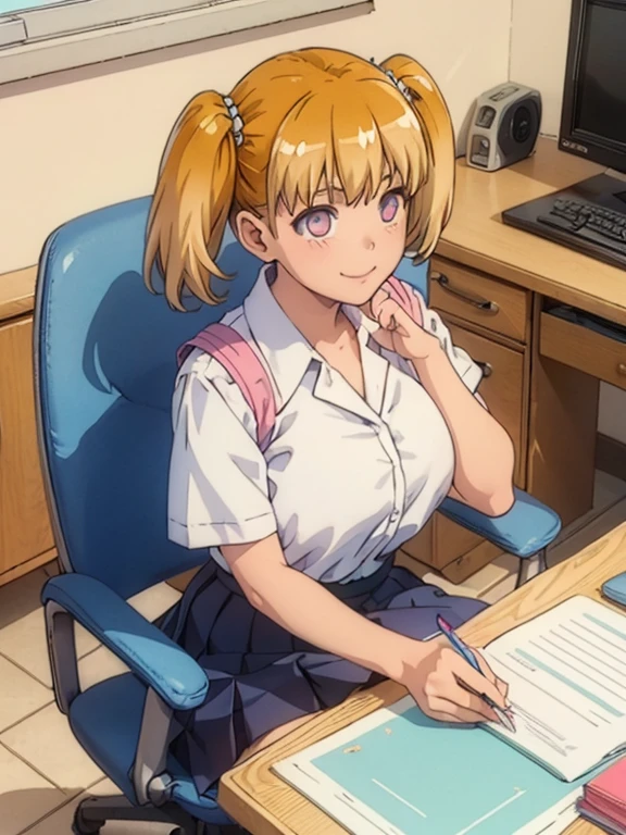 ((masterpiece)), (( best quality )), (Detailed eyes, detailed panties ),  (8k),  1 girl, High school girl、 pleated skirt 、Bouncing Boobs、 panties with M-shaped legs:1.5、 sit on a chair、 loose socks、 Blonde Twin Tails 、School、smile、