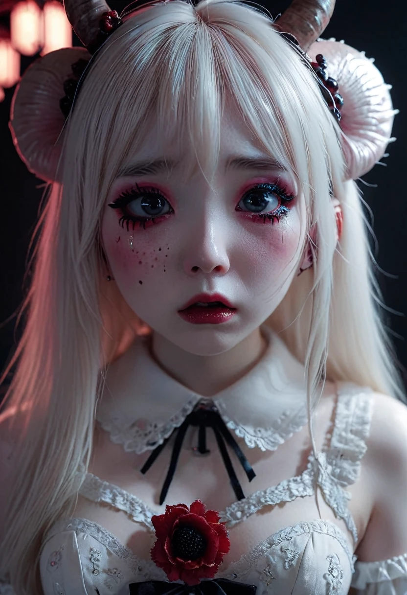 Memo, young japan doll dull pale skin a crying girl with dark cranberrycore makeup, fairy kei fashion, manticore horns, gothic dark atmosphere, venitas, chiaroscuro lighting, intricate facial details, expressive eyes, detailed lips, detailed nose, beautiful character design, 8k, photorealistic, cinematic, highly detailed, dramatic composition, vivid colors, moody lighting