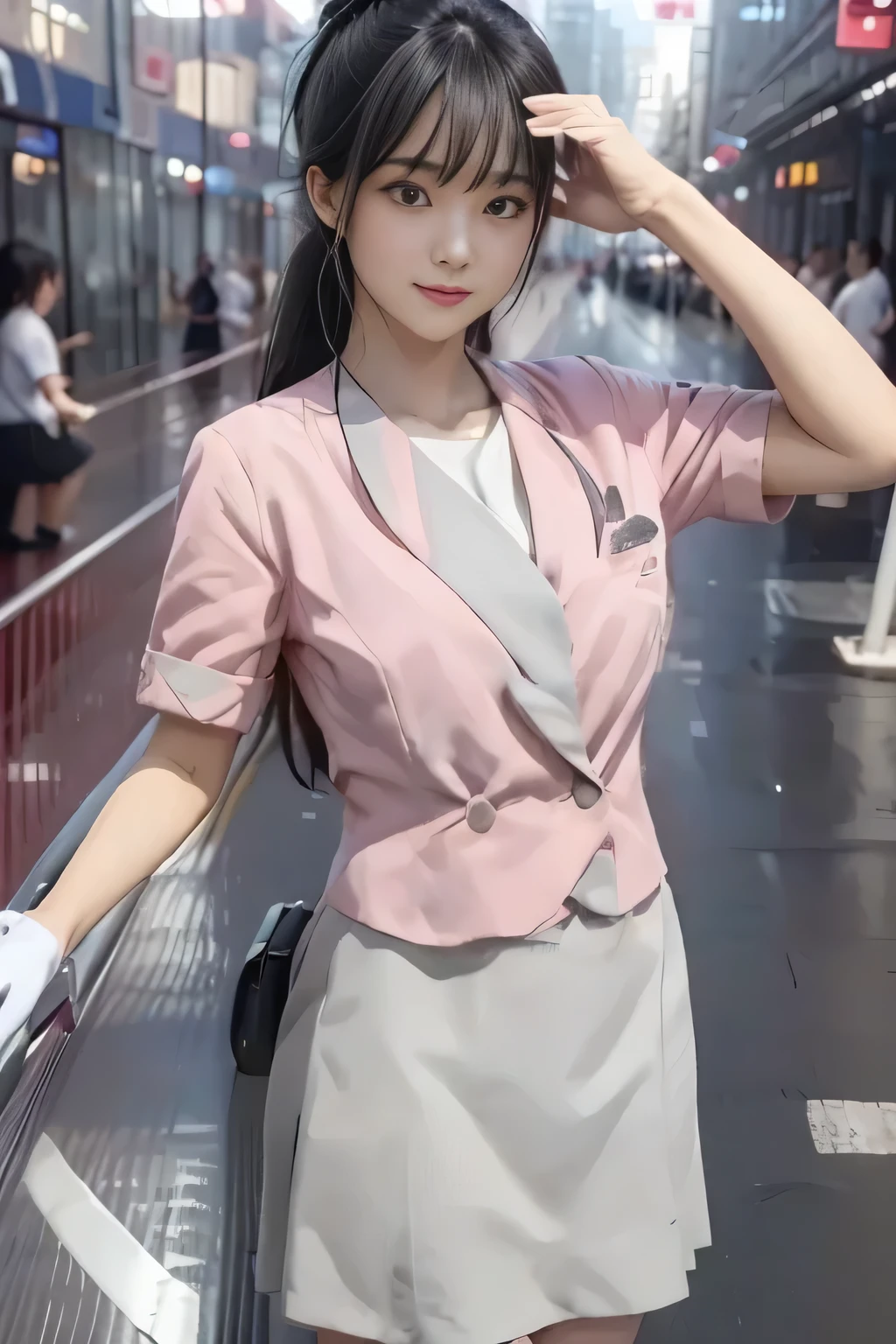 (masterpiece:1.2, Best Quality:1.2), 32K HDR,  Kampala, (Alone、 1 girl)、（on board、 Professional Lighting）、In-flight background、（Nankai train crew uniform pinkを着たリアルスタイル）、（（ pink short sleeve jacket from Nankai train crew uniform pink、collarless blouse short sleeve  、  gray wrapped culotte skirt ））、Dark brown hair、（ long hair、Hair tied up、Hair tied up）、Dark brown hair、 LONG SHOT 、Big Breasts、Thin legs、（（Great hands：2.0）），（（ Harmonious Body Proportions：1.5）），（（Normal limbs：2.0）），（（Normal finger：2.0）），（（Delicate eyes：2.0）），（（Normal eyes：2.0））)、smile、（Nankai train crew uniform pinkを見せた美しい姿）、Hands clasped underneath 