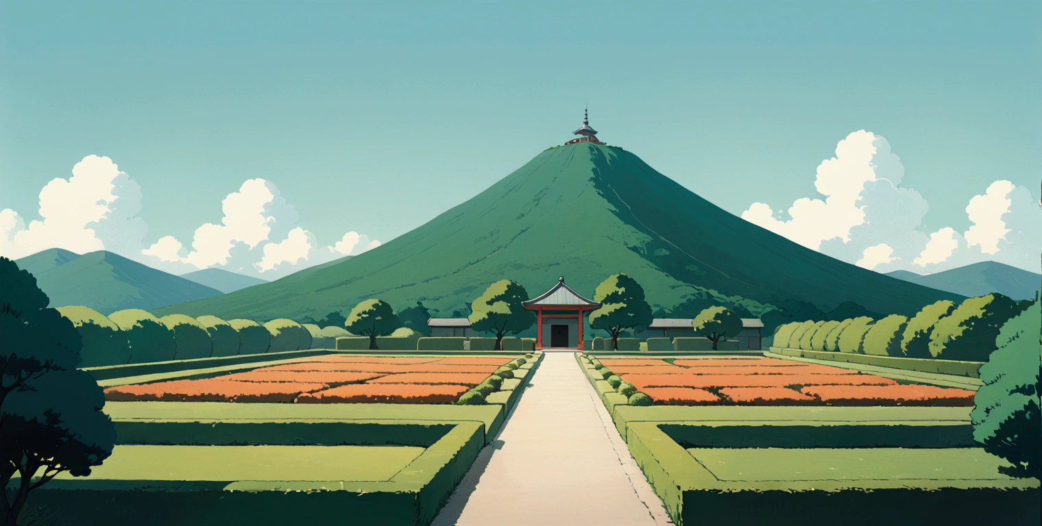 (minimalism:1.4), Lofi anime style, Studio Ghibli art, Miyazaki ,pastel , cute ,minimalist , SPIRITED AWAY From Hayao Miyazak ,No one is there , No people , Landscape , Orange Garden