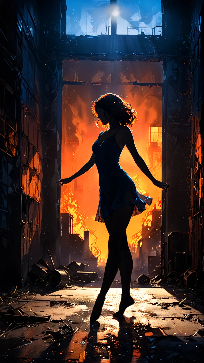 (artist by Olly Moss:1.1), (Mysterious scene:2.2), suspenseful, Fantasy, Dark, shadowy, A solitary small rumba female dancer figure dancing in tight transparent dress, is illuminated by a single spotlight sunset window in a vast, abandoned factory with giant mech. The dramatic contrast between the deep blue hues of the industrial setting and the fiery orange glow of the window creates a sense of ethereal power. Long, dramatic shadows stretch across the floor, emphasizing the dancer's graceful form and the vastness of the space.