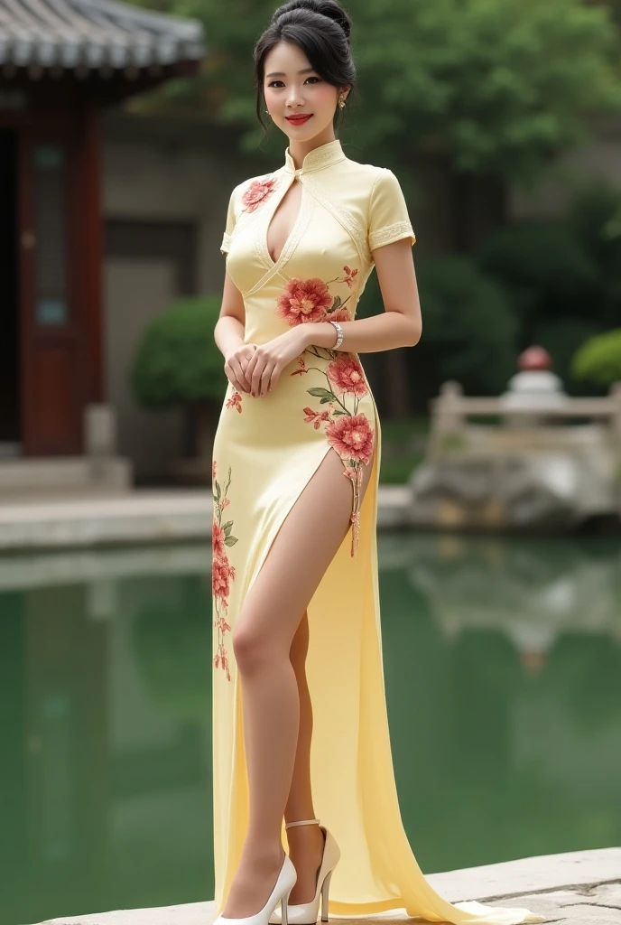 Highest quality, Masterpiece, Photorealistic, High resolution, 8K RAW Photos,alone, 1 person,Slim figure、smile、 ((((Sleeveless yellow cheongsam))))、In the mountains、High heels