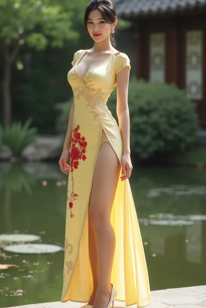 High resolution, realistic pale Chinese female with sharp features large blue eyes with sexy sweet expressions, pink lips, blonde hair with blossom accessories, big large breast exposing cleavage bending forward accentuating her butt, wearing a long several flared fantasy flowing pinkish dress, exposing oilled long legs wearing high baby pink heels, standing on blooming lotus pond, arafed woman in a pink dress posing in a pond, japanese goddess, gorgeous chinese model, beautiful goddess, cute elegant pose, beautiful maiden, elegant posed, young sensual graceful, dressed in a pink dress, blonde goddess, standing gracefully upon a lotus, stunning elegant pose, beautiful asian girl, beautiful feminine body, elegant seducing pose, opened dress, asian girl