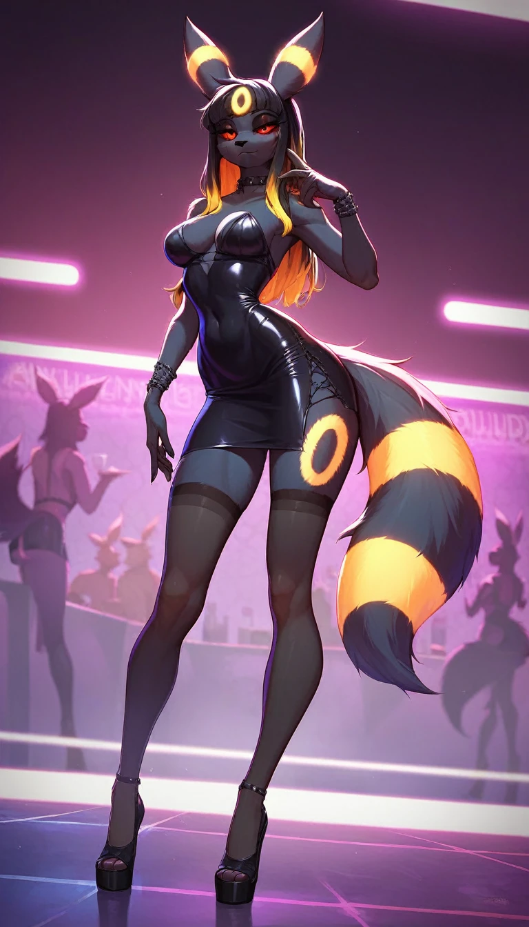 amy, ponytail, bangs, long hair, fox ears, fox tail, thick thighs, large brrasts, 1girl, wide hips, ponytail, black bodysuit, bodysuit, futuristic, machinery, science-fiction, tech, smile, neon trim, neon lights, neon light, neon