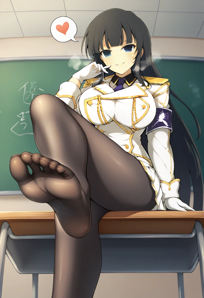 yaegashi nan, senran kagura, senran kagura burst, senran kagura new link, Ikaruga_XL, long black hair, blunt bangs, hime cut, dark blue eyes, large breasts,
Ikaruga_Shinobi, white military uniform, golden buttons, golden epaulettes, black shirt, purple tie, long sleeves, armband, white gloves, white pleated skirt, {{{black pantyhose}}}, classroom, Sitting at the school desk, Low Angle, Foot Focus, Perfect feet, Anatomically correct, kind smile, spoken heart, {{{vulgarity}}}, breath, heavy breathing, breathless, sweat, perspired, humid, looking down at viewer,