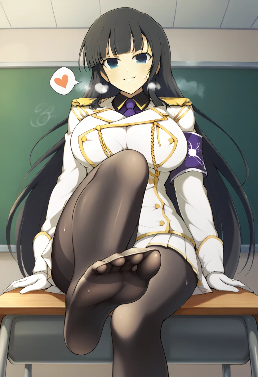 yaegashi nan, senran kagura, senran kagura burst, senran kagura new link, Ikaruga_XL, long black hair, blunt bangs, hime cut, dark blue eyes, large breasts,
Ikaruga_Shinobi, white military uniform, golden buttons, golden epaulettes, black shirt, purple tie, long sleeves, armband, white gloves, white pleated skirt, {{{black pantyhose}}}, classroom, Sitting at the school desk, Low Angle, Foot Focus, Perfect feet, Anatomically correct, kind smile, spoken heart, {{{vulgarity}}}, breath, heavy breathing, breathless, sweat, perspired, humid, looking down at viewer,