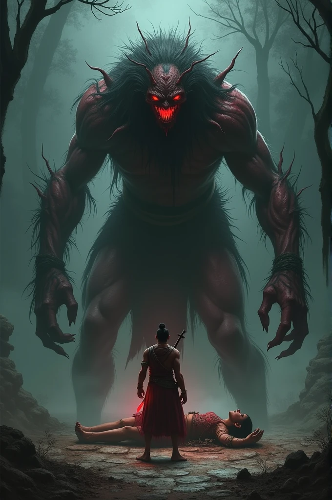 monster behind the tree near the lake, shadow visible in the water, color of the monster is the same as the atmosphere of the lake (masterpiece, best quality, high resolution, highly detailed, 8k, 4k), CG, illustration, fantasy,