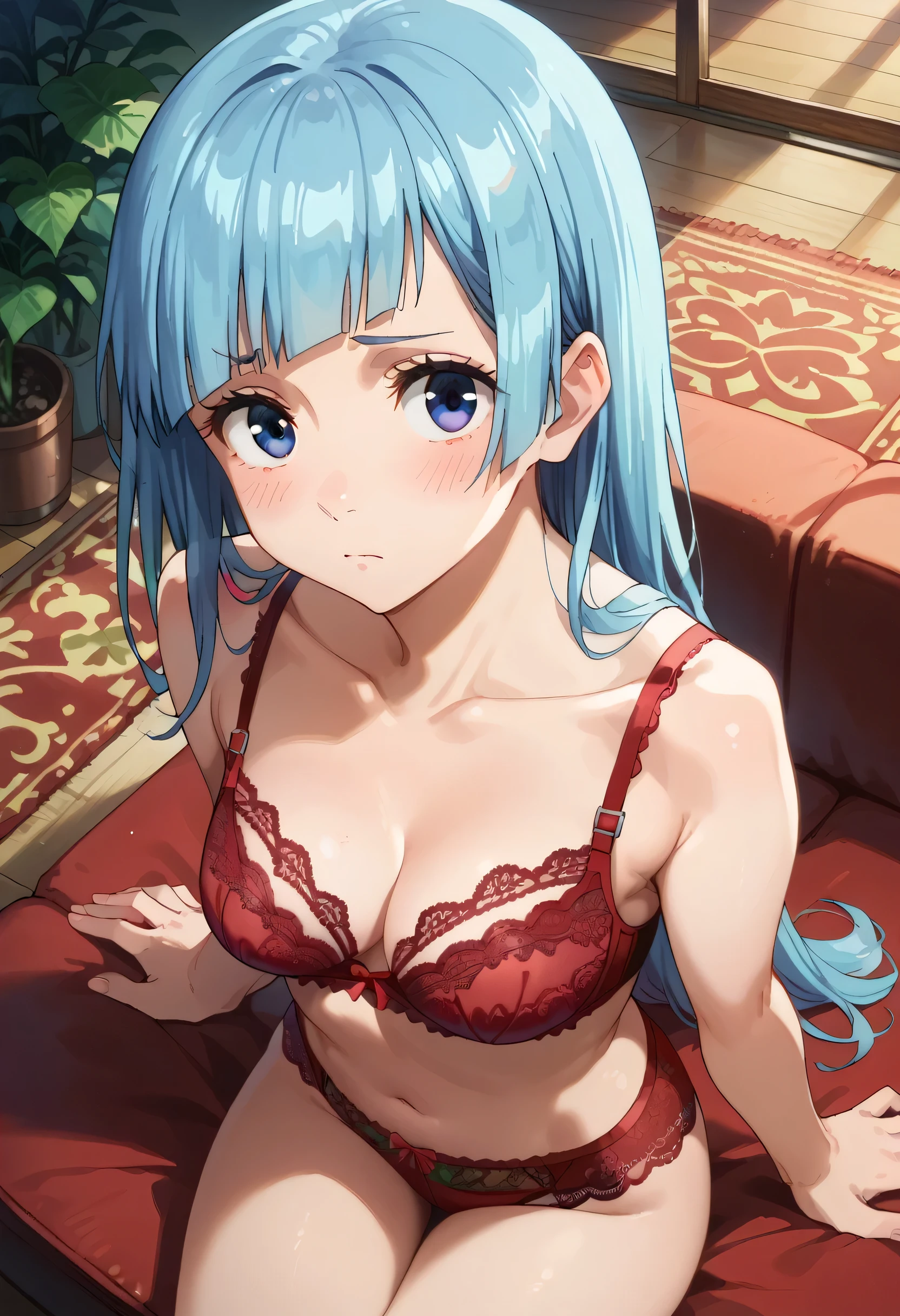 score_9,score_8_up,score_7_up, kasumi miwa, blue hair, medium breasts, 20-year-old, red lace bra, red lace bra, red lace lingerie, looking at viewer, blush, sitting, from above