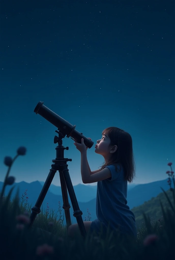 Girl astronomer looking at a telescope with starry sky, looking at the stars