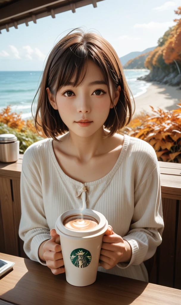 Actual photo,  High image quality ,    anatomically correct,  Autumn seaside cafe terrace   , Beautiful autumn seaside scenery , Spectacular views,  One Japanese girl  ,    is drinking coffee,   gentle light of the sun starting to lean west, 