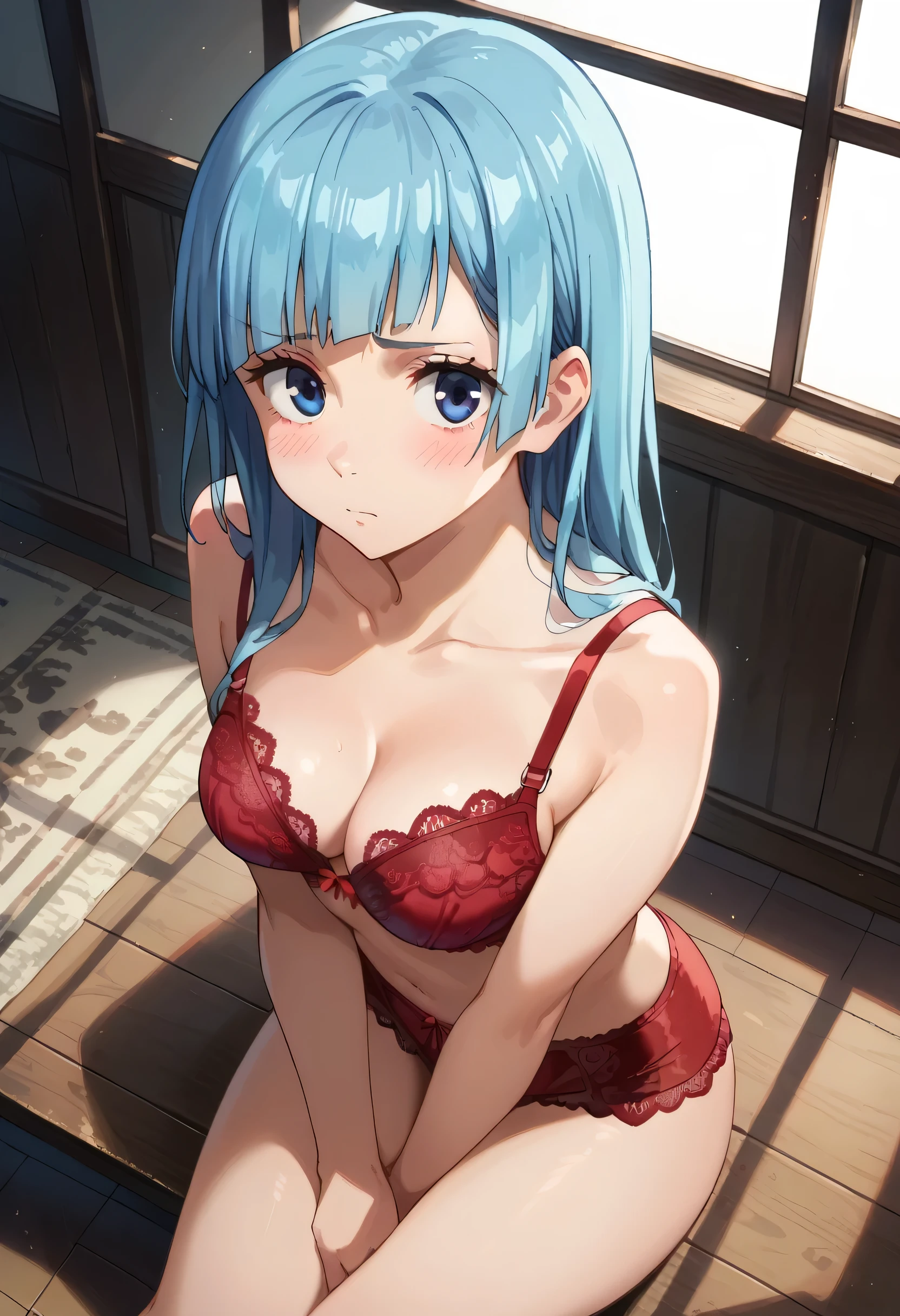 score_9,score_8_up,score_7_up, kasumi miwa, blue hair, medium breasts, 20-year-old, red lace bra, red lace bra, red lace lingerie, looking at viewer, blush, sitting, from above