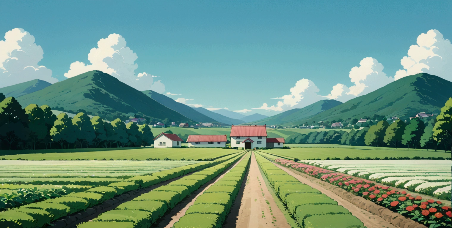 (minimalism:1.4), Lofi anime style, Studio Ghibli art, Miyazaki ,pastel , cute ,minimalist , SPIRITED AWAY From Hayao Miyazak ,No one is there , No people , Landscape ,Agricultural garden