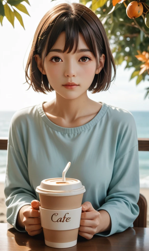 Actual photo,  High image quality ,    anatomically correct,  Autumn seaside cafe terrace   , Beautiful autumn seaside scenery , Spectacular views,  One Japanese girl  ,    is drinking coffee,  Short, trimmed bangs,  short hair,  gentle light of the sun starting to lean west, 