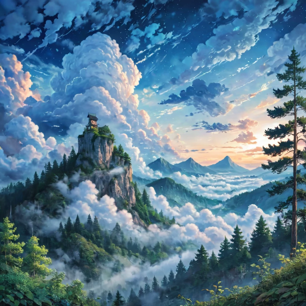 style anime，soirée，ciel du soir，montagne々，entouré de nuages，Champs verts et forêts，ciel magnifique， Superbes vues