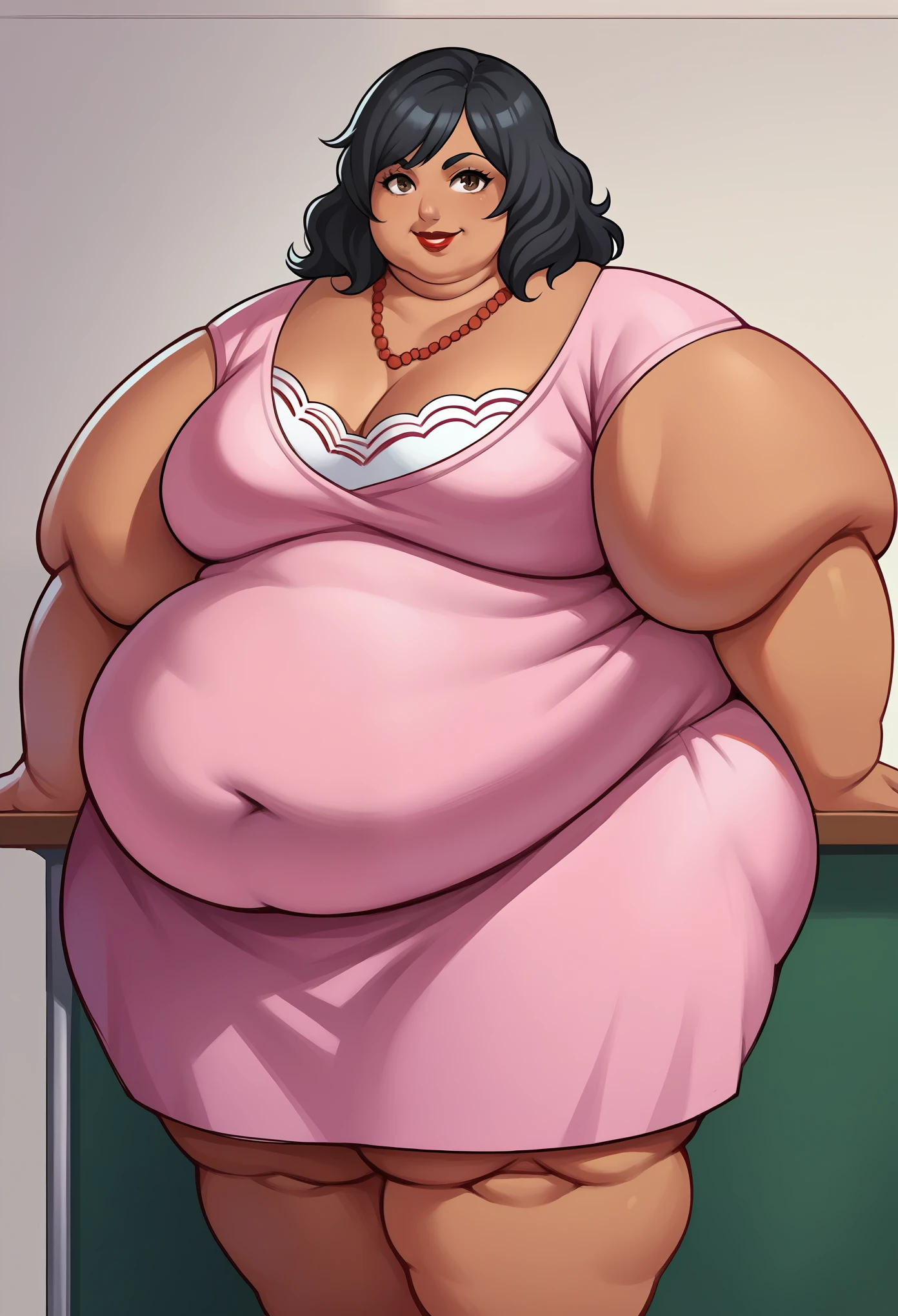 score_9, score_8_up, score_7_up, source_anime BREAK 1girl, solo,  chounop5, black hair, medium hair, brown eyes, pink dress, necklace, dark skin, lipstick, classroom, smile, looking at viewer, fat, chubby, obese, gigantic arms and legs 