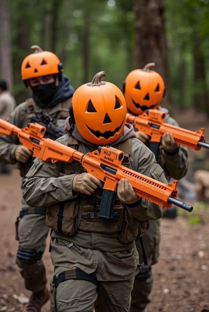  Soldiers wearing jack-o-lantern helmets、 they are seriously training 、The clothes are camouflage combat uniforms 、 their guns are orange and Halloween specific 、 surrealism 、Comedy touch、8k Quality