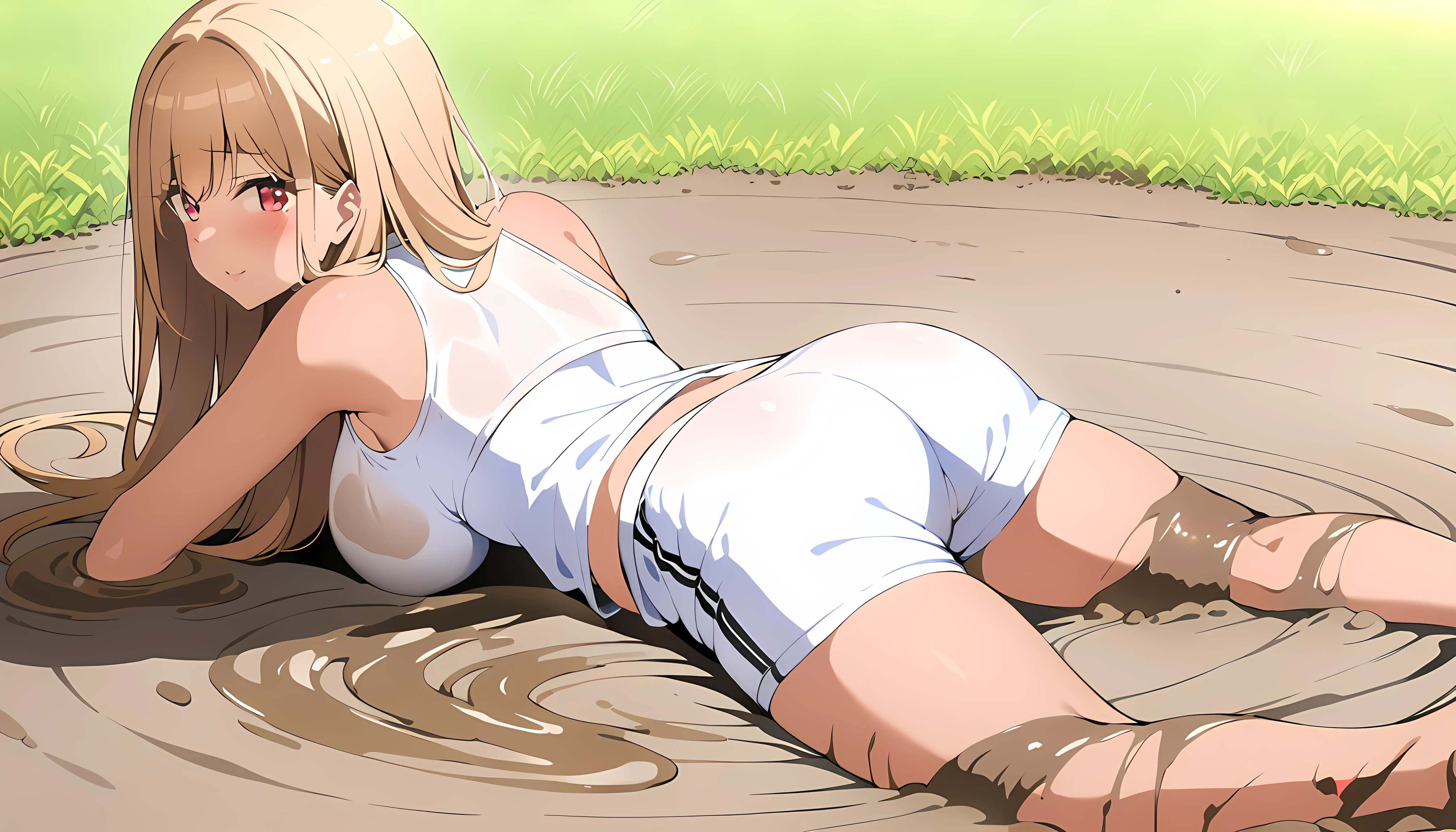 masterpiece:1.2, Highest quality, Highest quality, 1girl, goddess, Marin Kitagawa, alone, long hair, blonde hair, red eyes, dark tan skin:1.55, bare shoulders , Bare legs, Covered in mud, In the quagmire, Get dirty with mud, whole body, Perfect Anatomy:1.2, huge breasts, Beautiful Skin, dirty face, bare hands, ((Beautiful girl、 narrow waist、Handsome face、The most beautiful face、Exquisite face、Thick dirty brown hair、A refreshing look、A happy look、Happy expression、Joy covered in filth、Happy to be dirty))、((Her long beautiful legs are dirty、Face down on the filth、Beautiful ass girl、Scoop out the mud with both hands、Beautiful girlの髪は泥まみれ、Joy lying in dirty quagmire))、(((I want to smealth all over her body、Hair covered in mud with lots of mud、whole body泥だらけ、Beautiful girl burying her face in filth、 Beautiful Girl Lying on a Pile of Dirty Muddy Fecal、Super Tons of Dirty Feces 、Dirty feces))), ((Smelly quagmire、Dirt scattered everywhere、Quagmire overflowing with feces、Lots of filth、The dirtiest quagmire)), sploshing, messy, covered, gunging, slime, mud, quicksand, outdoors, partially submerged, (White racing shorts for track and field with ultra-realistic texture made by ASICS), (white sports bikinis for track and field with ultra-realistic texture made by ASICS), (white sports bras for track and field with ultra-realistic texture made by ASICS), White Track Uniform, nsfw