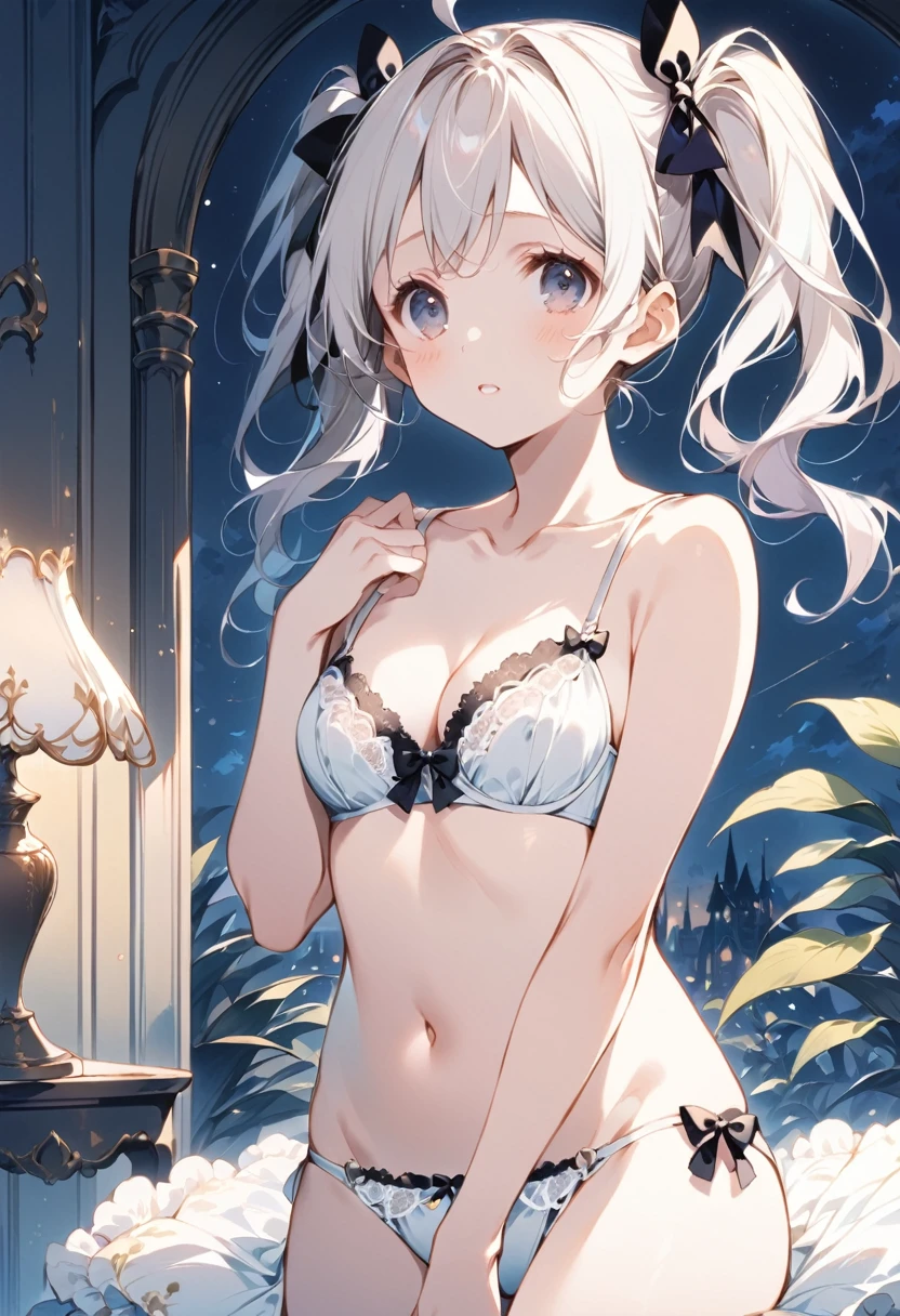 1 cute girl,
(light platinum hair, lob hair, pigtails hair, ahoge, black bow),
(dark gray eyes, tareme),
shy,
parted lips,

collarbone, cleavage, small breasts,

looking at viewer,

(white lace bra),
(white string panties),

cowboy shot, solo,

night time,
Fantasy style room,