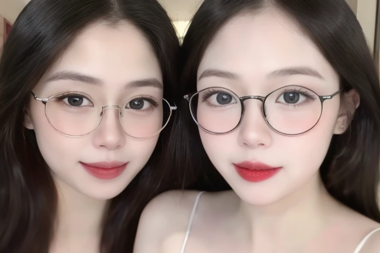 (Realistic、masterpiece、best quality、8K、high resolution、high resolution:1.3)、there are two glasses women with glasses on posing for a picture,、smile, red lips, Gigantic breasts、white bikini、pale white skin、looking at viewers、supene face and eyes、long hair、indoor、 upper body、