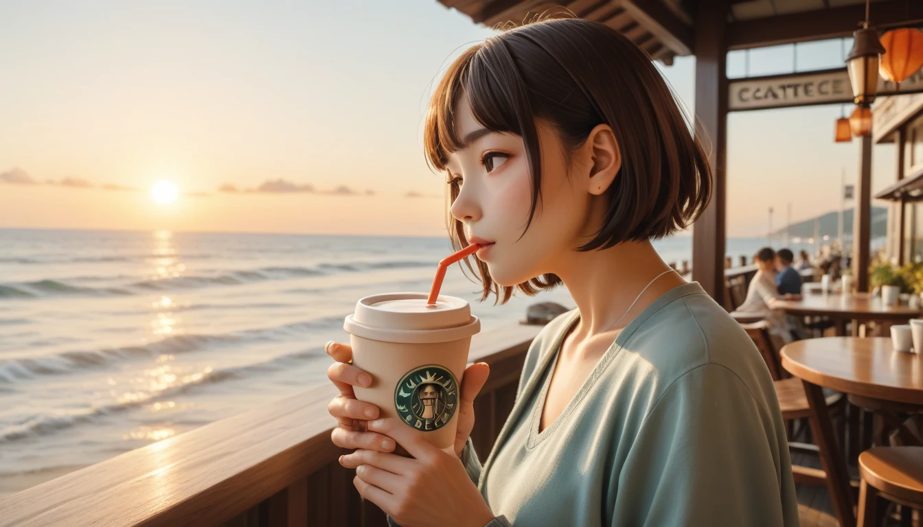 Actual photo,  High image quality ,    anatomically correct,  Autumn seaside cafe terrace   , Beautiful autumn seaside scenery , Spectacular views,  One Japanese woman  ,    is drinking coffee,  Short, trimmed bangs,  short hair,  gentle light of the sun starting to lean west, 