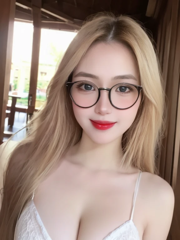 (Realistic、masterpiece、best quality、8K、high resolution、high resolution:1.3)、there are two glasses women with glasses on posing for a picture,、smile, red lips, Gigantic breasts、white bikini、pale white skin、looking at viewers、supene face and eyes、long hair、indoor、 upper body、