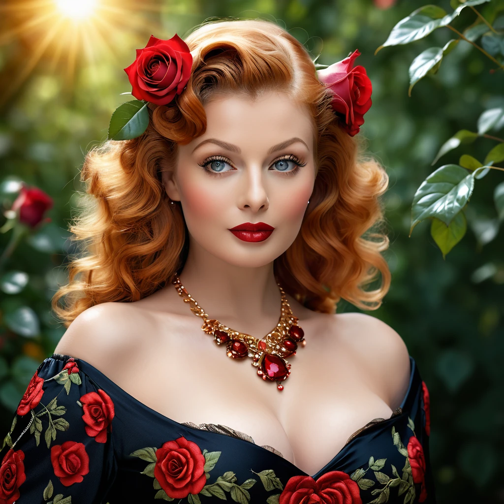 Create a highly detailed and realistic portrait of a young Lucille Ball with long, wavy red hair adorned with red roses. She has striking, expressive eyes and a calm, composed expression. She is wearing a breastless_lewd_vintage-style outfit with a necklace featuring a pendant. The background is a soft-focus natural setting with warm, dappled sunlight filtering through the leaves, enhancing the serene and romantic atmosphere. The style should be hyper-realistic with a touch of romanticism. Photo Realistic photo, vibrant colors, 16k, huge naked breasts out, hyperbreasts naked and out,