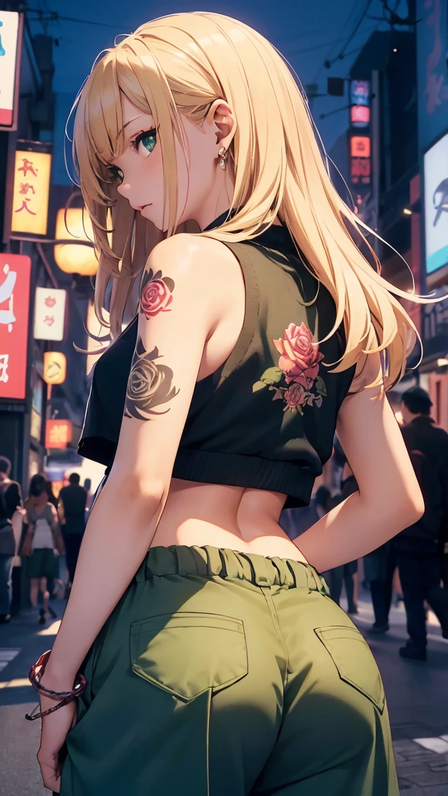 最high quality、best image quality、masterpiece、teenage girl((20-year-old、 By becoming、vest bust、medium bust,wide open breast tea、black eye, blonde hair、long hair、thin,highest valley、Rear view、topless、big rose tattoo on back、green long pants)),high quality、beautiful art、background((Red smoke、Japan、Kabukicho at night、in the middle of the intersection))debris flies、Depth of written boundary、movie、visual art、perfect art、8K,genuine