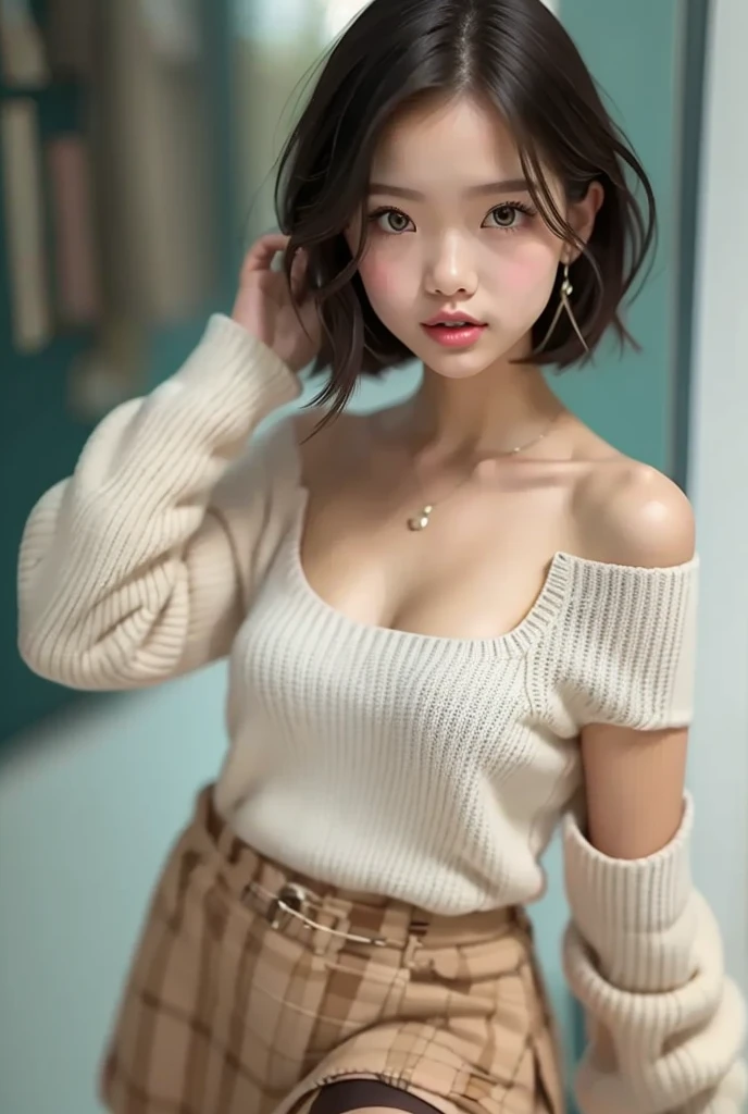((8k, RAW photos, top quality, masterpiece)), high-definition RAW, color photography professional close-up photos, (realistic, photorealism: 1.37), (highest quality), (best shadows), (best illustrations), collarbones ((big)), ((erotic, sexy, ultra-high resolution, high-definition CG unified 8K wallpapers, physically based rendering, movie lighting), (aegyo sal:1), 18-year-old girl, ((sitting on a chair in a retro-modern coffee shop:2)), (hand-knitted sweater with long white turtleneck: 1.2), (red plaid pleated skirt: 1.2),(sweater hem over skirt, long sleeves: 1.2)), beautiful detail eyes, light on face, ((full body shot: 1.2)), especially strong light,( very red cheeks: 1.2))、( Shy look:2),Glossy skin,( thick thighs), ulzzang-6500-v1.1:0.2, shy, (Flash:1.2), NSFW, (Long curly hair up to chest:1.2), (puffy, (seductive posture:1.2, attractive: 1.2)), (Idol), ((Good anatomy: 1.2)), (Autumn atmosphere)), Tea, cake