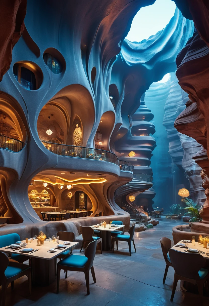 3 girls eating in front table, taking selfie. A 4-level hotel inspired by the movie Avatar the way of water friends eating inside of lobby antelope canyon like cafe of ((Masterpiece))underground cave city, gray rocky surface which is covered with a thick layer of dust, futuristic sci-fi masterpiece, underwater  cybernetic residential beehive pod architecture designs carved inside of grand canyon caves, luxury cafe, realistic ,intricate, detailed ,modern, neo cave centric design,rocks,blue fountain, waterfalls,desert caves, organic futurism, indigenous futurism,futuristic vision, architecture styles of Rem Koolhaas,Daniel Libeskind, Jean Nouvel, Paolo Soleri, upstairs, balconies, futuristic facades, trending on art station, beautiful lighting,masterpiece, fantasy, intricate, award winning, 4k, highest quality render model:Real , heart shaped architecture ((masterpiece)),((best quality)),((high detail)),((realistic,)) Futurist era city, architectural streets, bazaars, cyberpunk, buildings, night, neon, summer, hot desert，Magnificent space image scene heavenly body 8K，super-fine, rocky walls. friends eating in cafe. cafe bustling with people. people sitting in cafe. unser water city