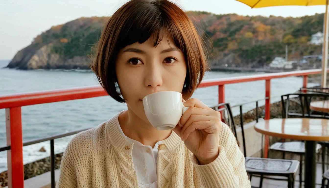 Actual photo,  High image quality ,    anatomically correct,  Autumn seaside cafe terrace   , Beautiful autumn seaside scenery , Spectacular views,  One Japanese woman  ,    is drinking coffee,  Short, trimmed bangs,  short hair,  gentle light of the sun starting to lean west, 