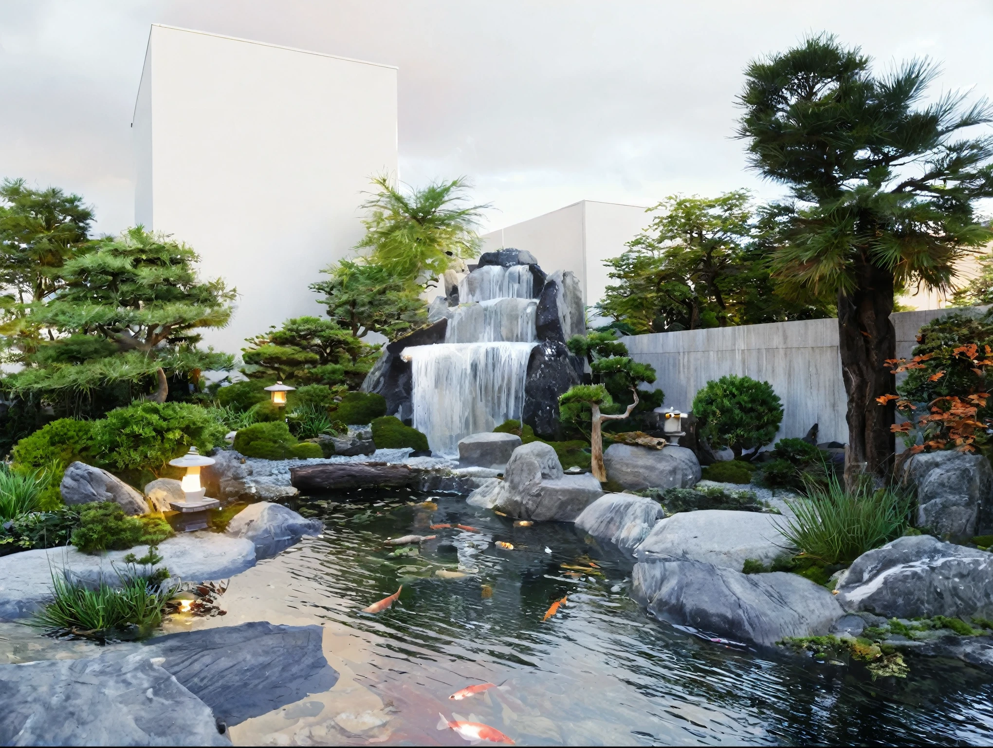 lattezen garden,trees, lakes, fish, stone lamps, ornamental plants, bonsai, green space, landscape


