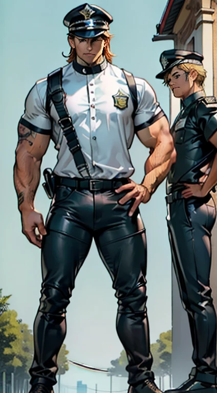  mature man，45 years， Short, detailed hair，Slag，muscular，huge pectorals，Broad shoulders， Thick-breasted ，（ large lump in the crotch ：1.5），leather harness， tight pants ，（ bare chest muscles ），name plate，To revolve ，police hat，Indecent expressions， indecent pose ，male gaze， masterpiece ，high sharpness，high detail， full bodies of lesbians ，in a panoramic view，cartoon， Line decoration style， pretty face 