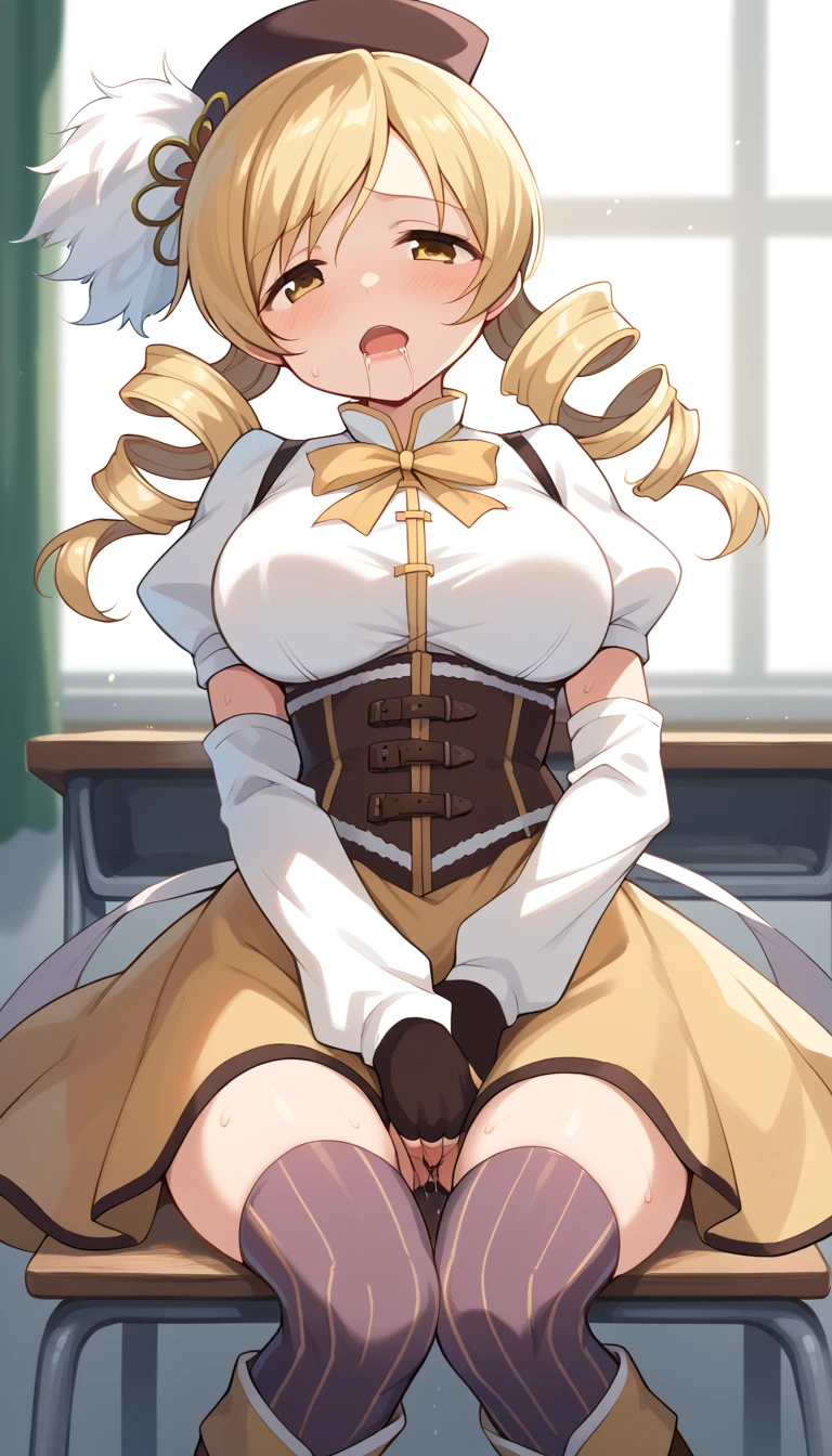 1girl,mami tomoe, blonde hair, drill hair, twin drills, yellow eyes, boots, brown footwear, brown gloves, corset, detached sleeves, fingerless gloves, gloves, hat, juliet sleeves, knee boots, long sleeves, magical girl, puffy sleeves, skirt, striped, striped thighhighs, thighhighs, thighs, vertical stripes, vertical-striped thighhighs, yellow skirt
,white underwear ,looking at viewer,(sweat:1.1),(drooling:1.5)(In the classroom:1.0)(big breasts;1.4)
(masturbation:1.5)