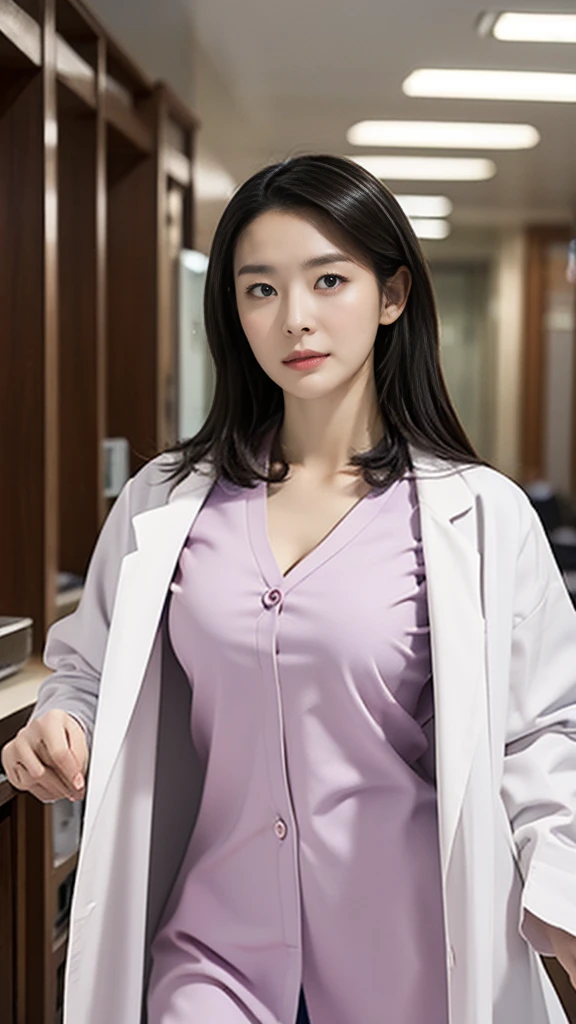 solo,  looks,  Kampala, masterpiece,  anatomically correct, Best Quality,  Multiple Award Winners ,  ultra-fine,  textured skin, woman、((doctor's lab coat)), The background is the entrance of a university hospital 、Age 30、doctor、Large Breasts、