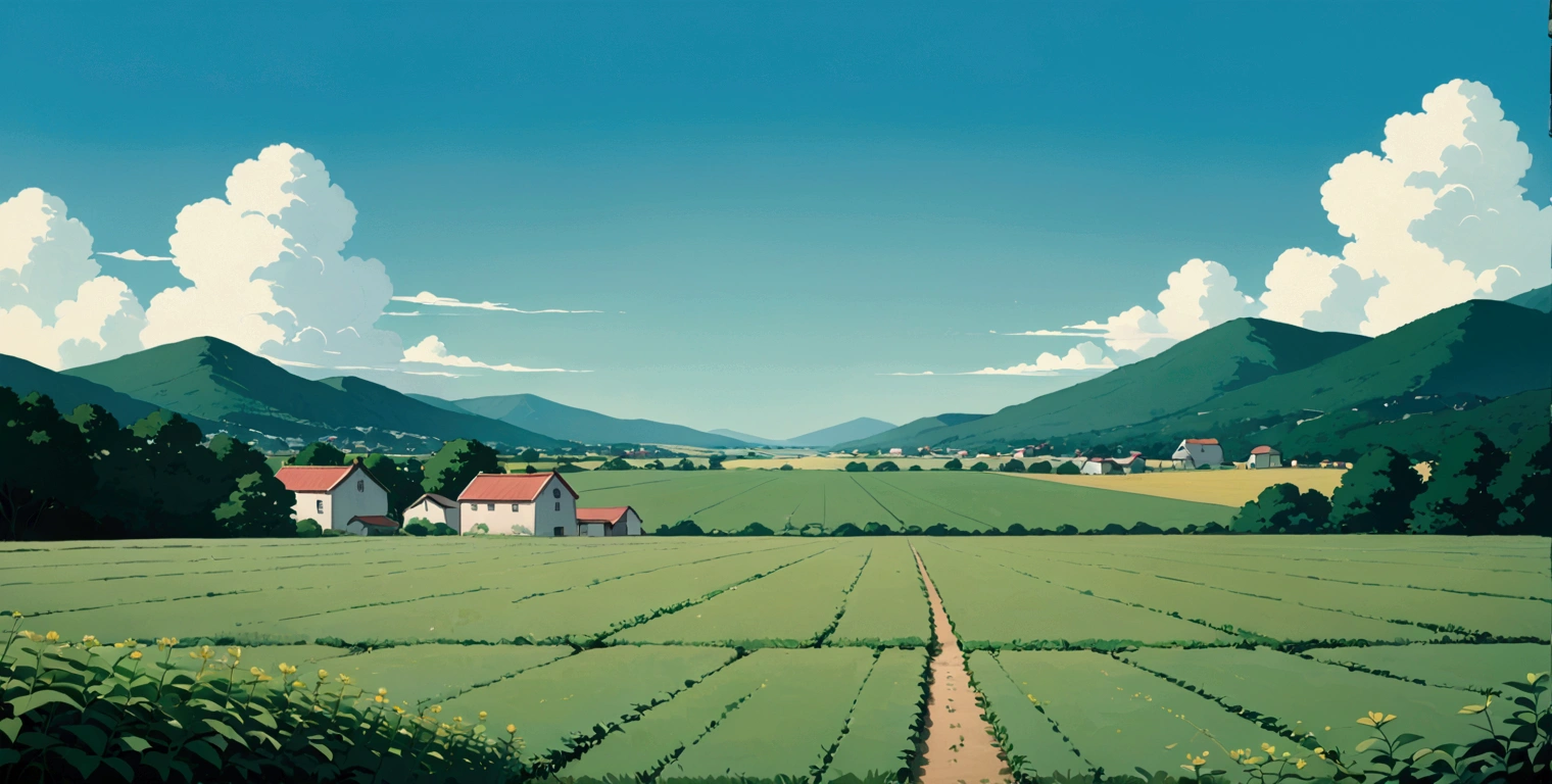 (minimalism:1.4), Lofi anime style, Studio Ghibli art, Miyazaki ,pastel , cute ,minimalist , SPIRITED AWAY From Hayao Miyazak ,No one is there , No people , Landscape ,Agricultural