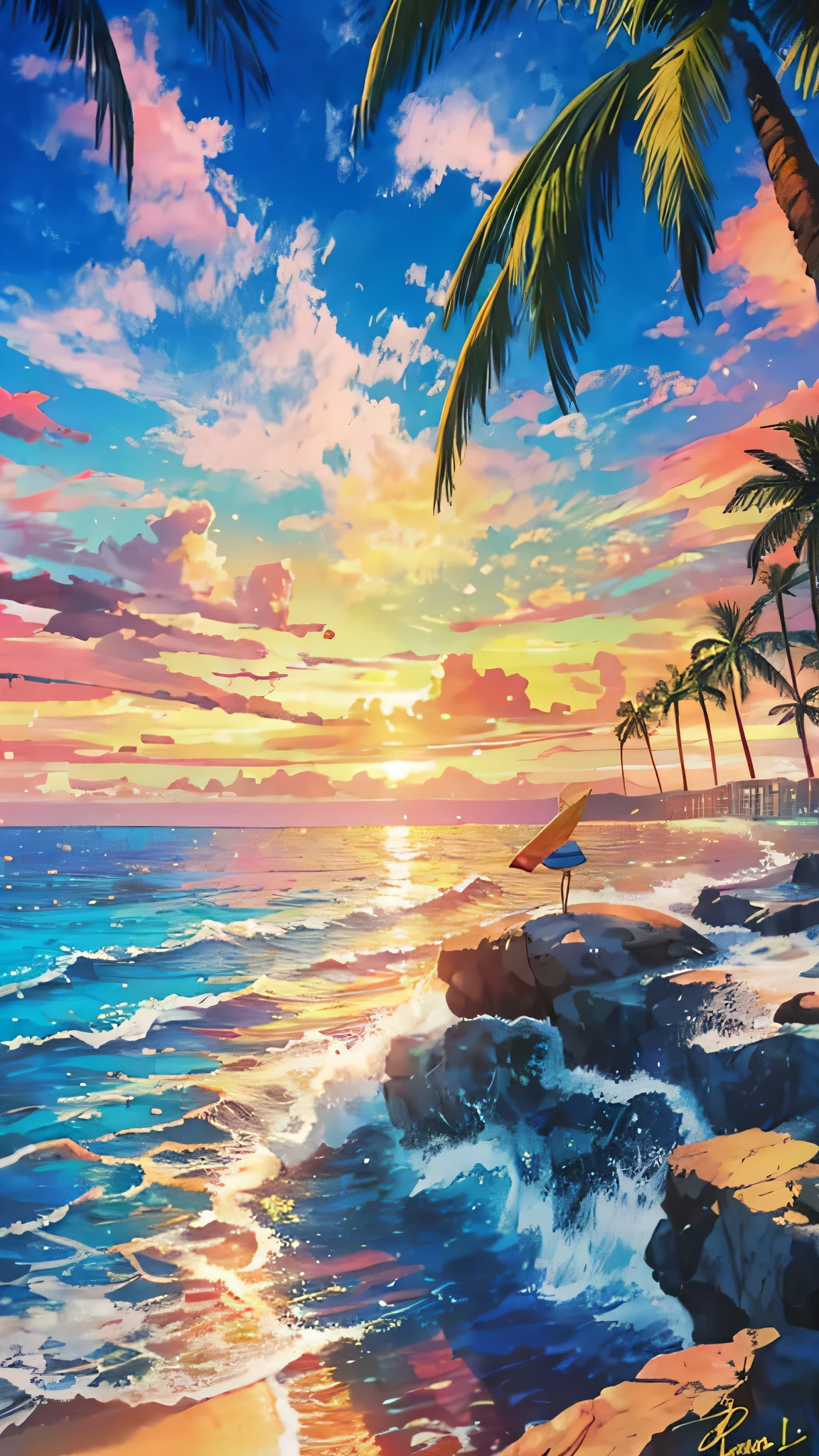 (male,Medium meat),(short,Blonde),(Riding Wiglet:1.1,It looks like a surfboard),(Through the waves),(Beyond the Sunset).,(Highest quality:1.2),(Very detailed),(practical:1.37),(landscape),(Bright colors),(Warm, vibrant colors),(soft, Golden Light),(Sparkling reflections on the water), Anime Style,Ocean,Oceanのビーチ,Coconut Tree,Seagull,Baiyun,A small island in the distance