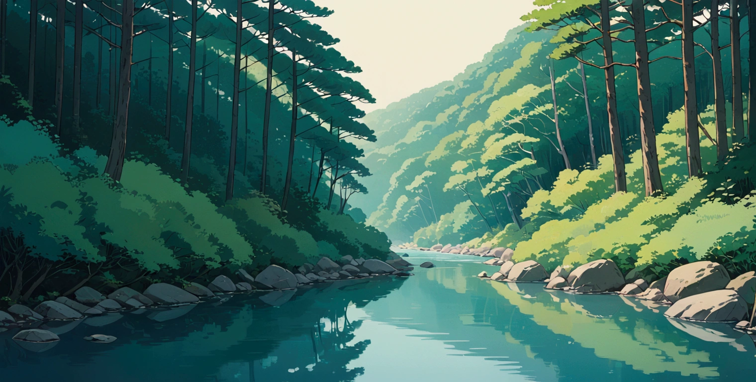 (minimalism:1.4), Lofi anime style, Studio Ghibli art, Miyazaki ,pastel , cute ,minimalist , SPIRITED AWAY From Hayao Miyazak ,No one is there , No people , Landscape , Forest ,River