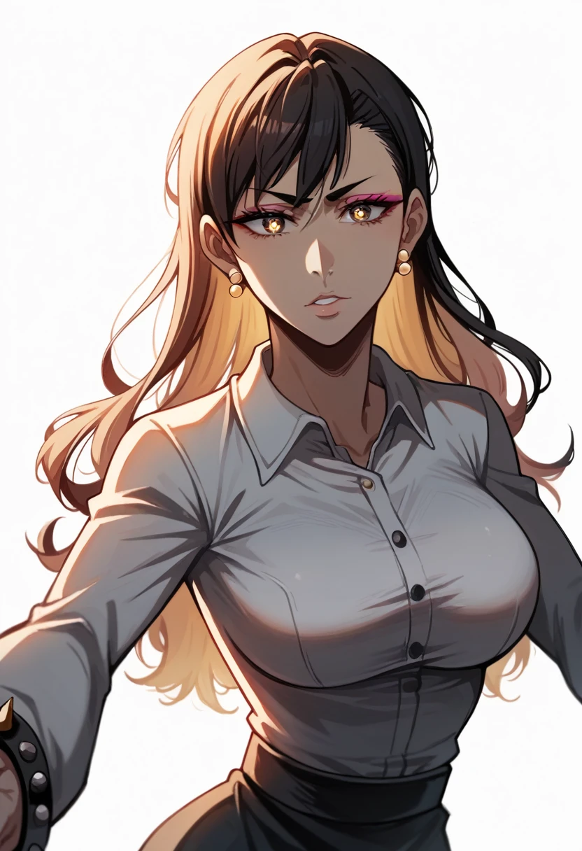 Ikumi unagiya, (best quality:1.5, highres, UHD, 4K, detailed lighting, shaders), chun-li, large breasts, suit, gray shirt, social shirt, short skirt, mature woman , (pov), white background, colorful eyeshadow, dramatic lighting, sparkling eyes, sensual expression, golden earrings, flowing hair, delicate facial features, dark skin, high cheekbones, urban setting, white background, dont look for the camera,  behind  the camera