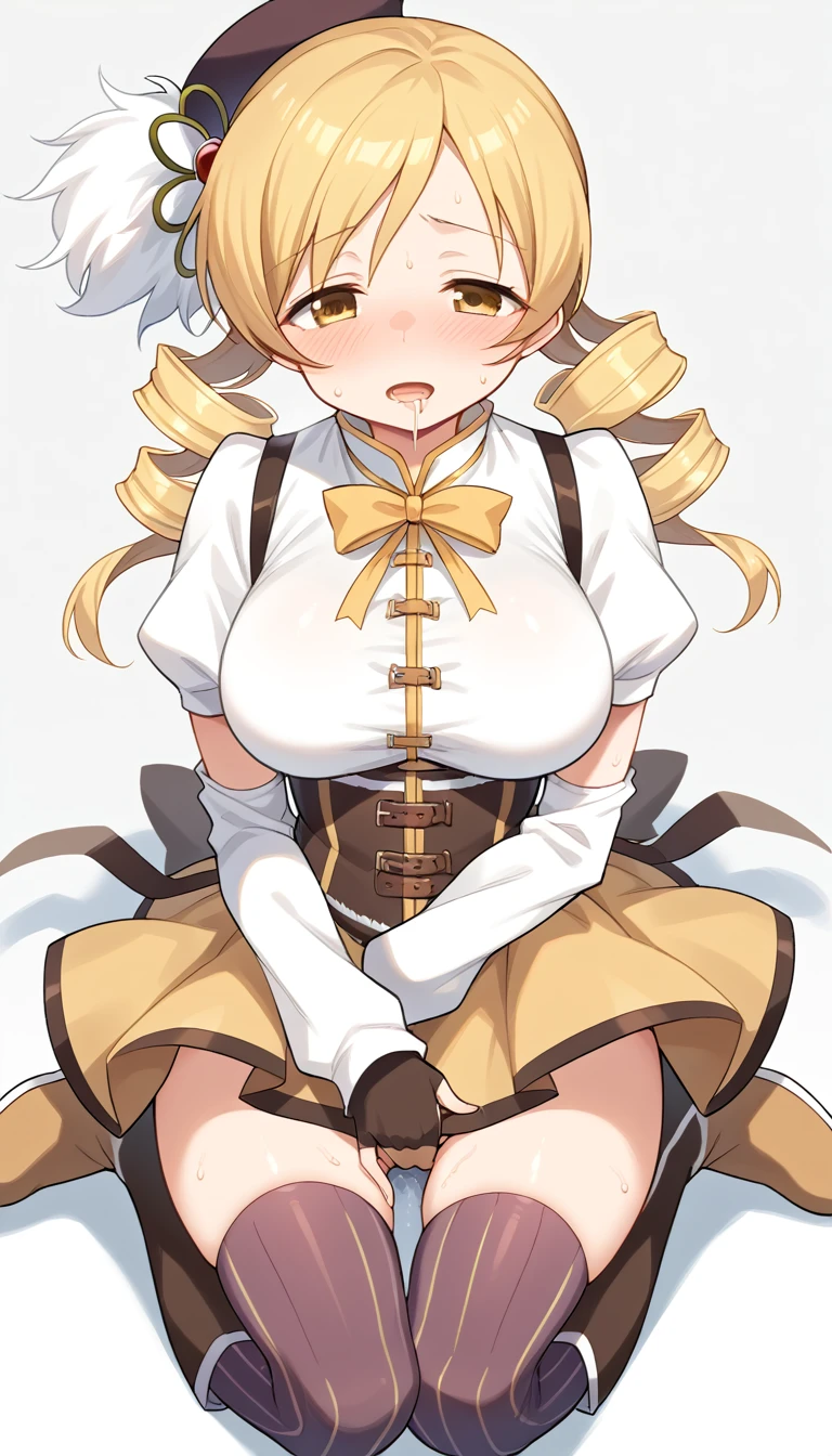 1girl,mami tomoe, blonde hair, drill hair, twin drills, yellow eyes, boots, brown footwear, brown gloves, corset, detached sleeves, fingerless gloves, gloves, hat, juliet sleeves, knee boots, long sleeves, magical girl, puffy sleeves, skirt, striped, striped thighhighs, thighhighs, thighs, vertical stripes, vertical-striped thighhighs, yellow skirt ,white underwear ,looking at viewer,(sweat:1.1),(drooling:1.5)(city:1.0)(big breasts;1.4) (masturbation:1.5)(pov, left hand,glab breatests:1.2)
