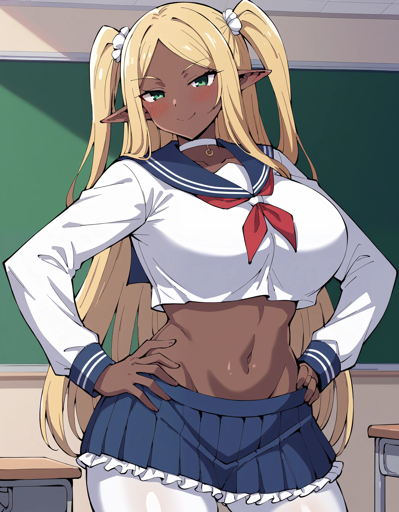 masterpiece, score_9, score_8_up, score_7_up, 1girl, milf, solo, plump, (colored skin, black skin:1.8), (huge breasts:1.2), (((blonde hair), very long hair, parted bangs, two side up, long sidelocks, green eyes, half-closed eyes, pointy ears)), blue lips, ((choker, white seifuku, blue sailor collar, long sleeves, crop top, navel, mini skirt, frilled skirt, white pantyhose)), ((blush, light smile), closed mouth), ((hand on own hips, classroom))